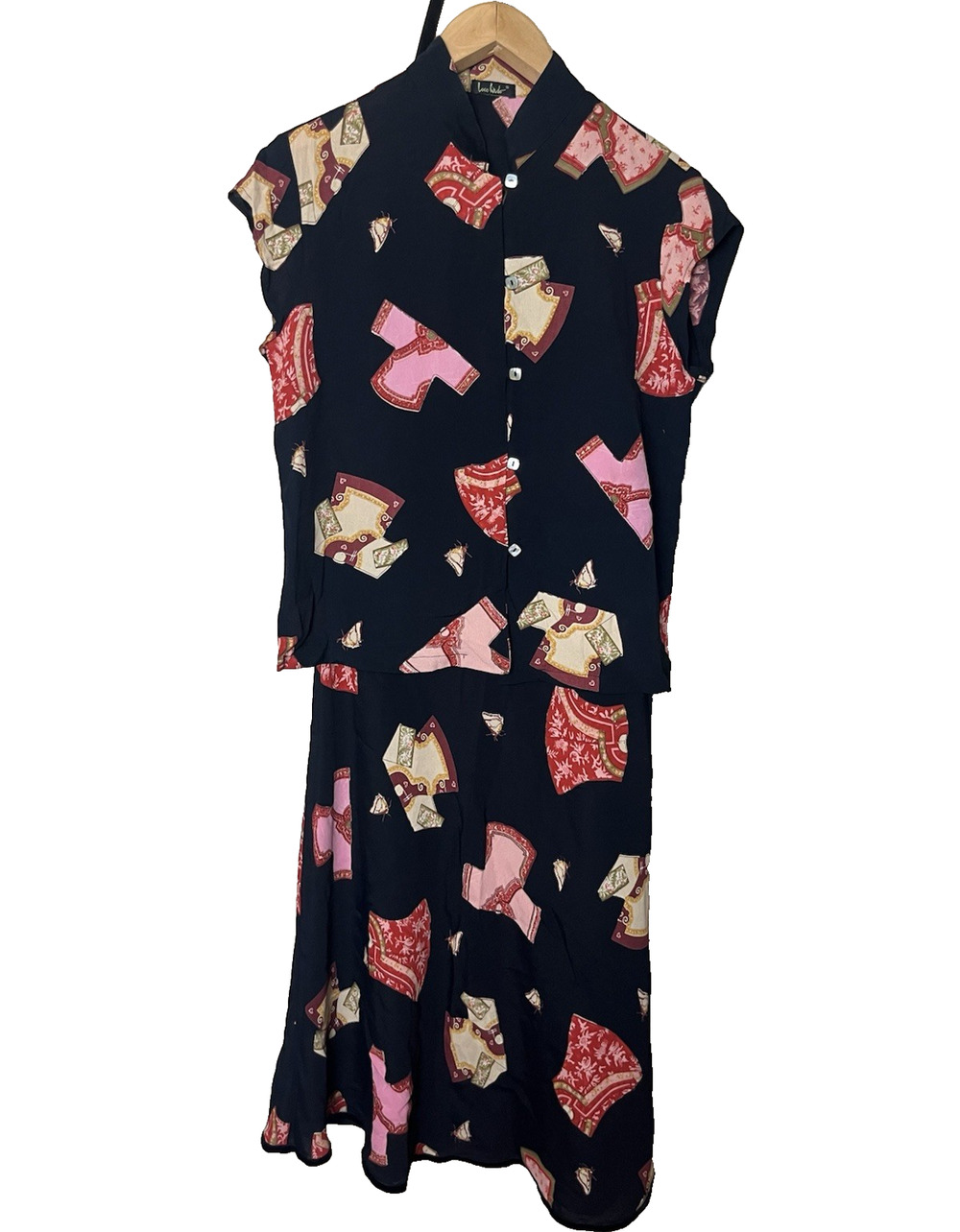 Vintage Loco Lindo Rayon Set M Skirt S Top Black Novelty Japanese Fan Print